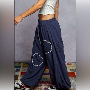 POL Navy Blue Wide Leg Heart Patch Joggers NWOT Medium. Boho Style